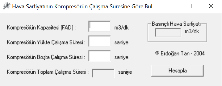 Hava sarfiyatının kompresörün çalışma süresine göre bulunması